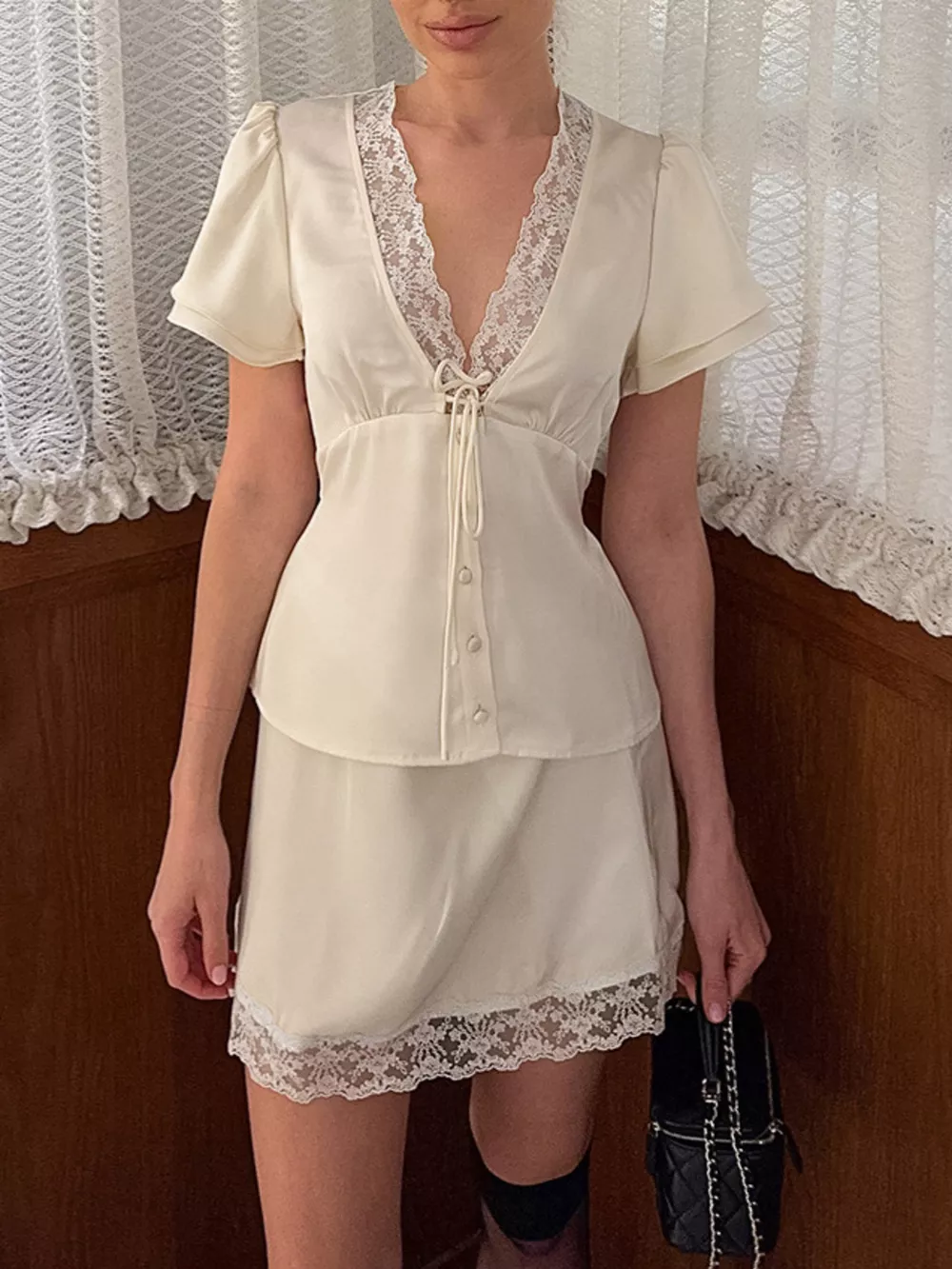 Lace Trimmed Top and Skirt Two-Piece Set, image 17