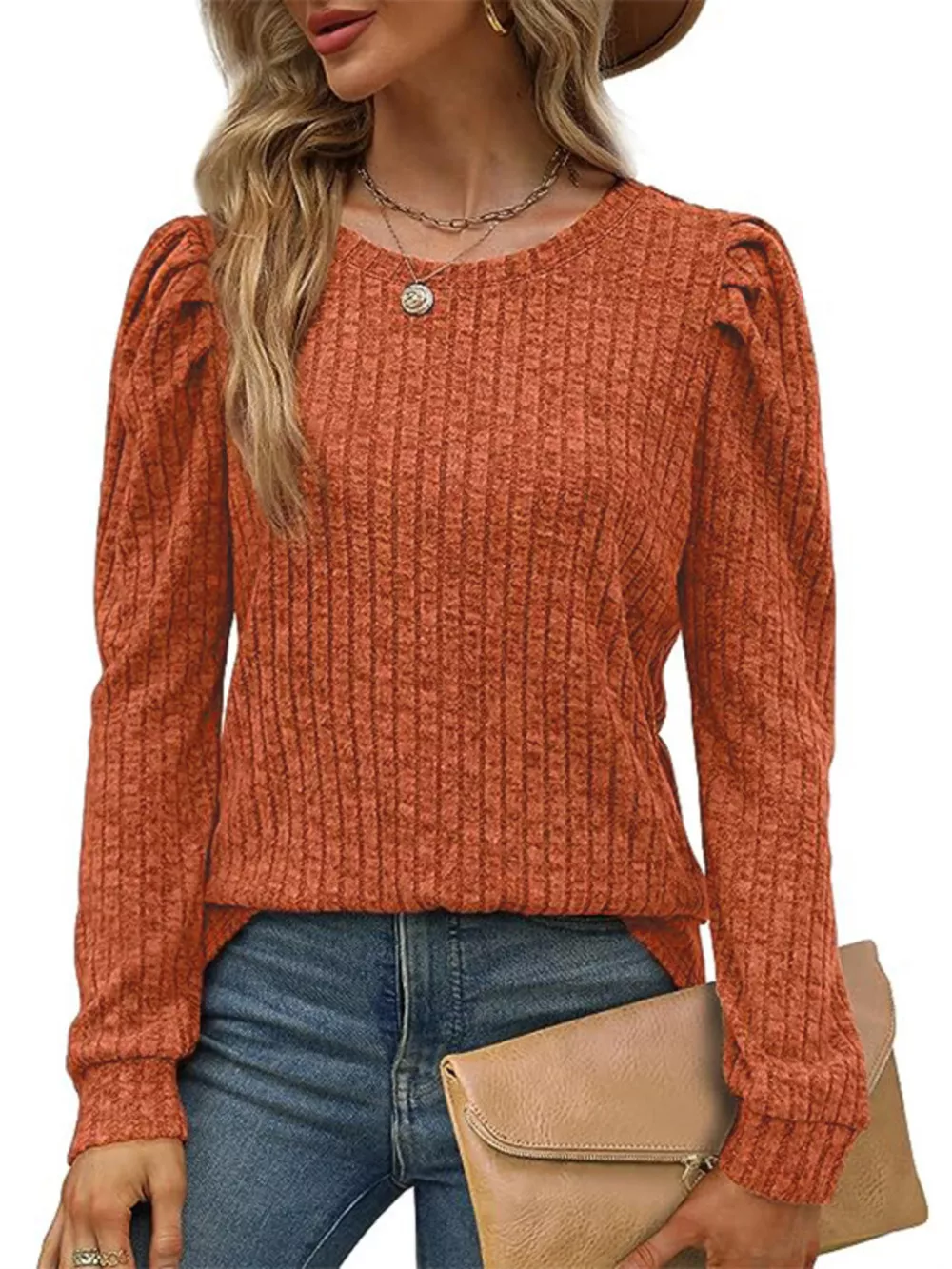 Ribbed Knit Top with Puff Sleeves, image 7