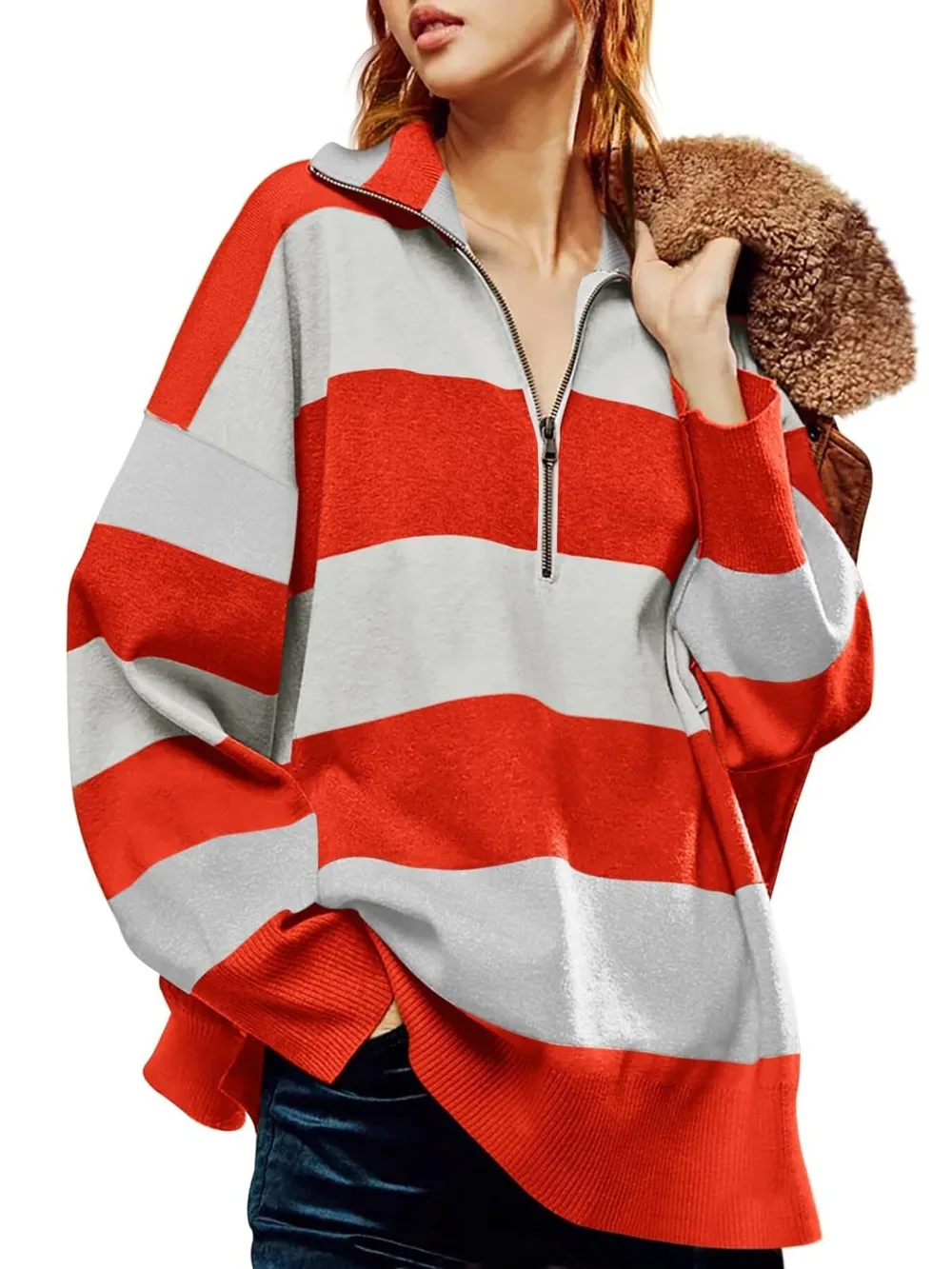 Striped Half-Zip Oversized Sweatshirt, image 15