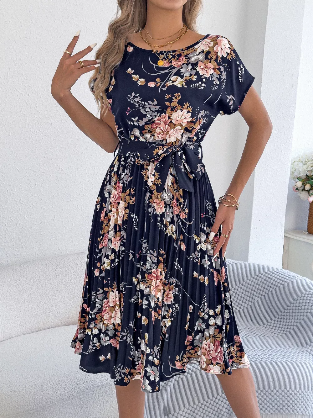 Floral Print Pleated A-Line Midi Dress, image 11