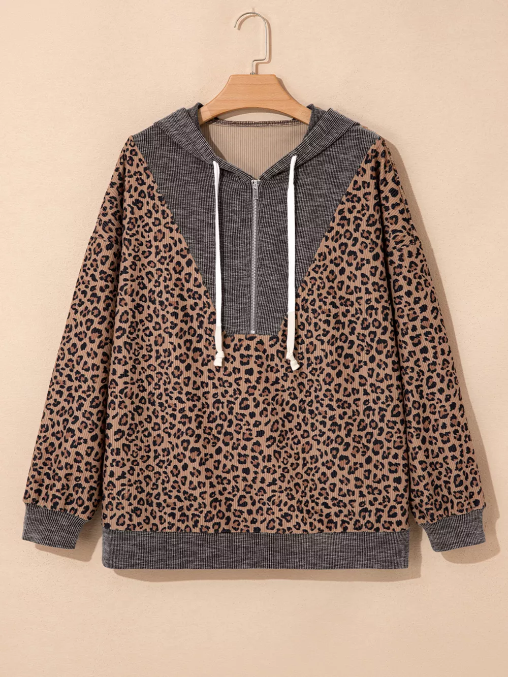 Ribbed Leopard Print Contrast Collar Zip Hoodie, image 9