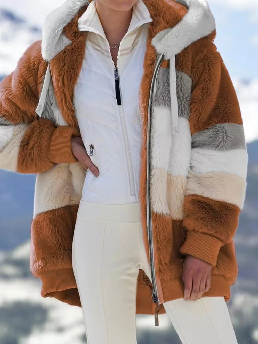 Full Size Fuzzy Zip Up Hooded Outerwear Plus Size, image 16