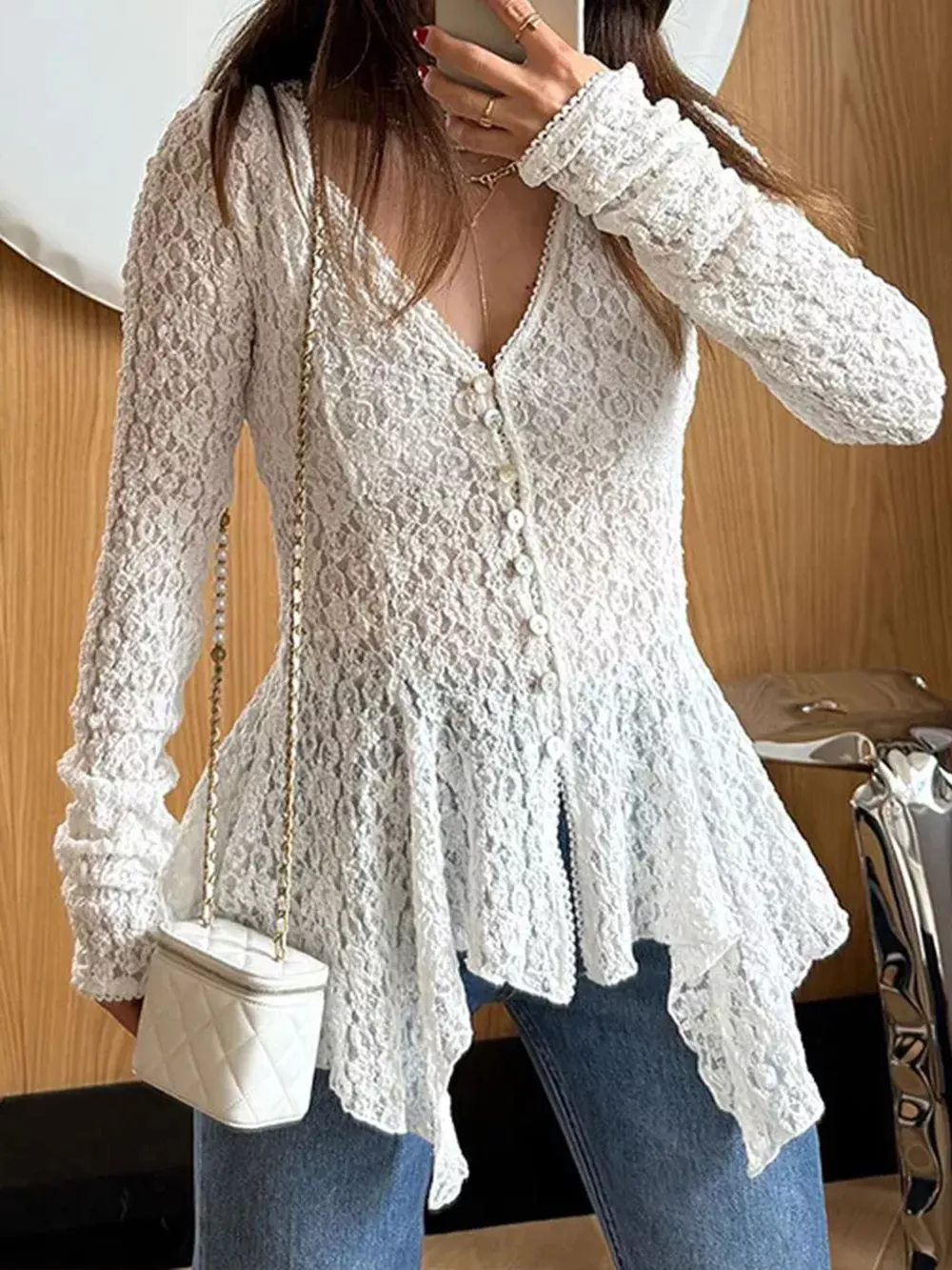 Elegant Floral Lace V-Neck Button-Down Peplum Blouse, image 3