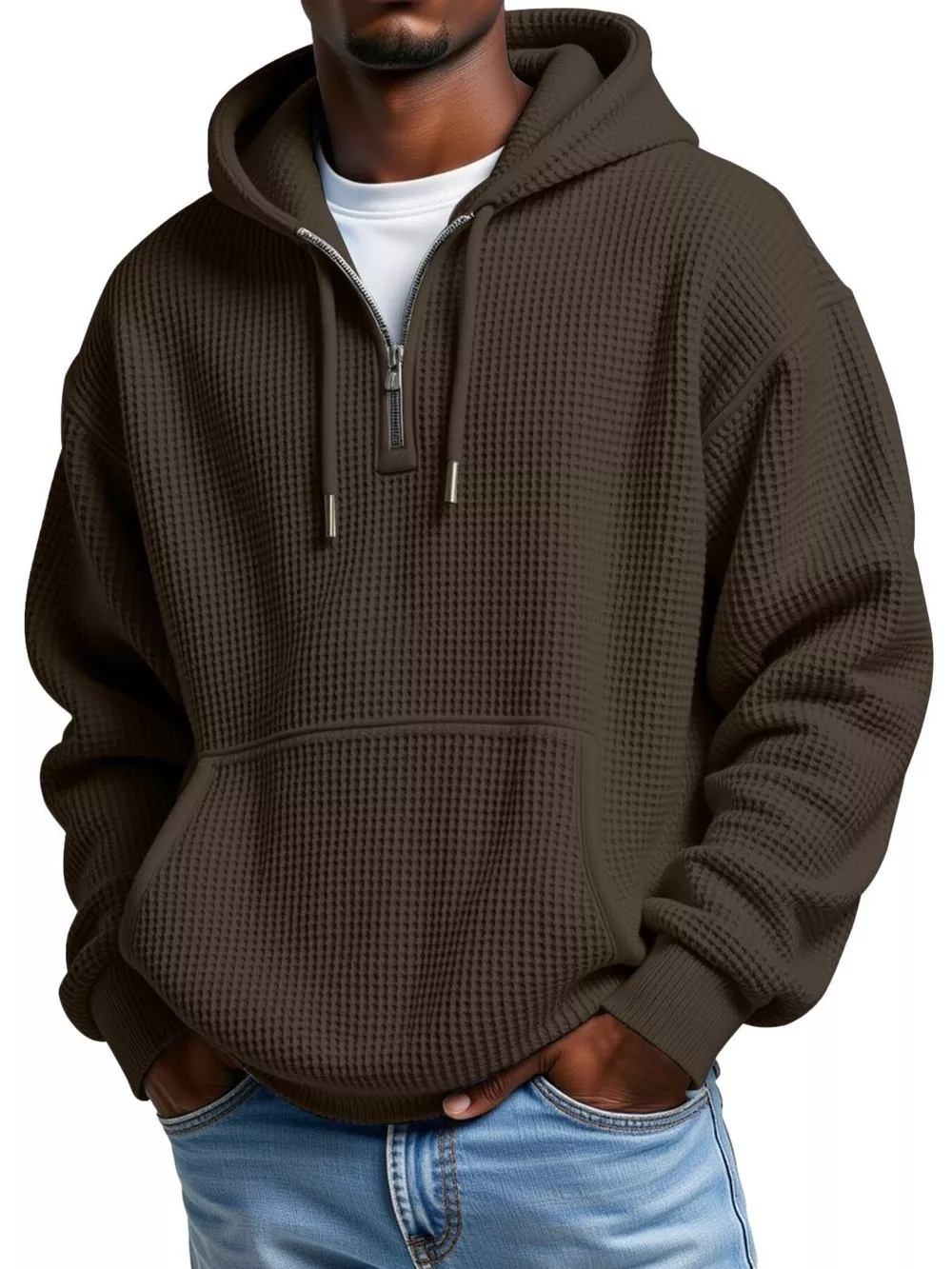 Men's Full Size Textured Waffle Knit Half-Zip Hoodie Plus Size, image 14