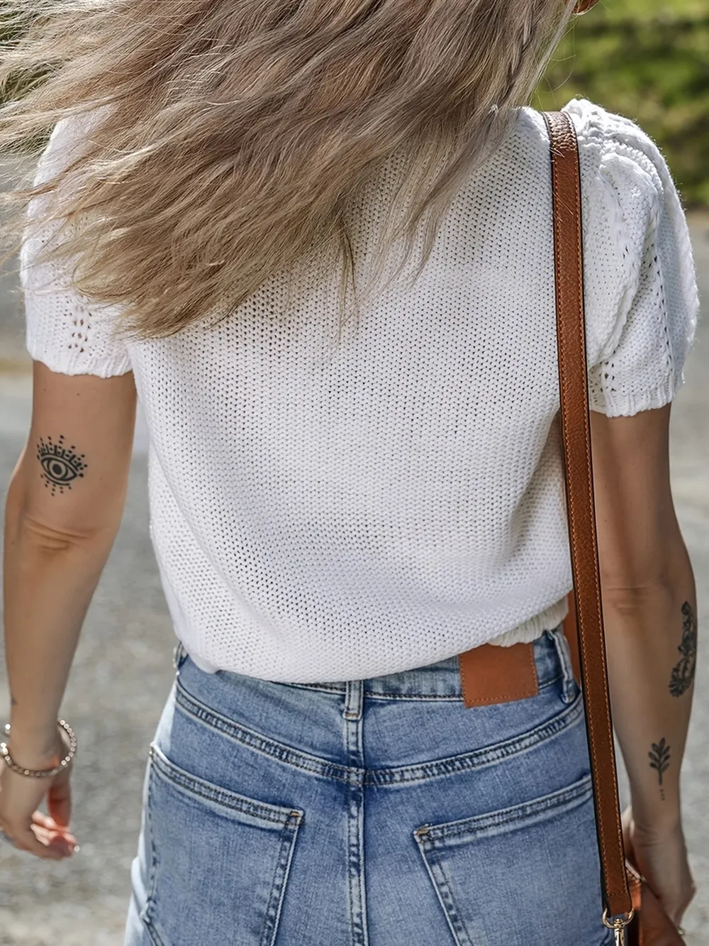 Openwork Round Neck Short Sleeve Sweater, image 2
