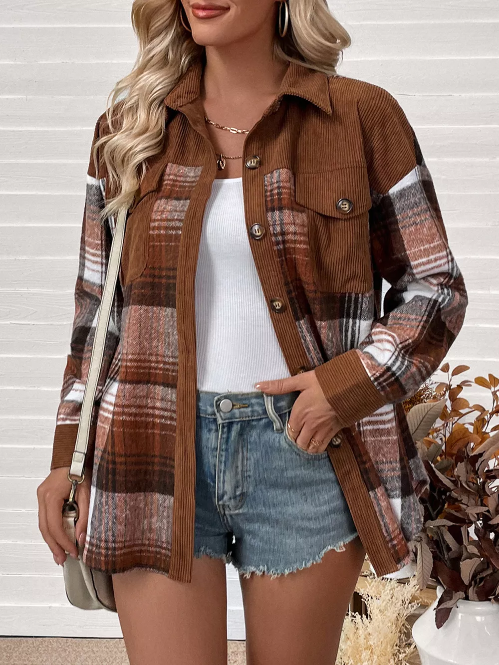 Plaid Button-Up Shacket with Chest Pockets, image 2