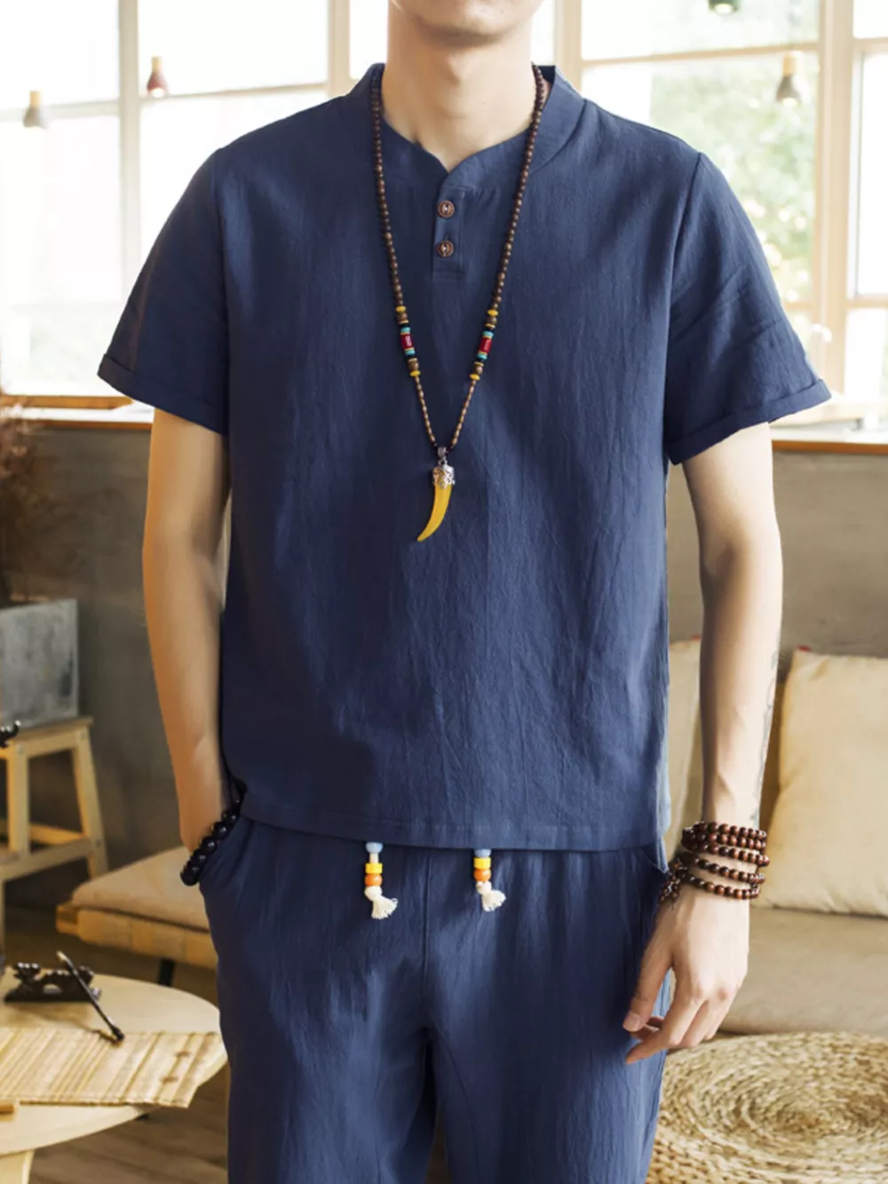 Men's Plus Size Button Detail Short Sleeve Top and Pants Set, image 4