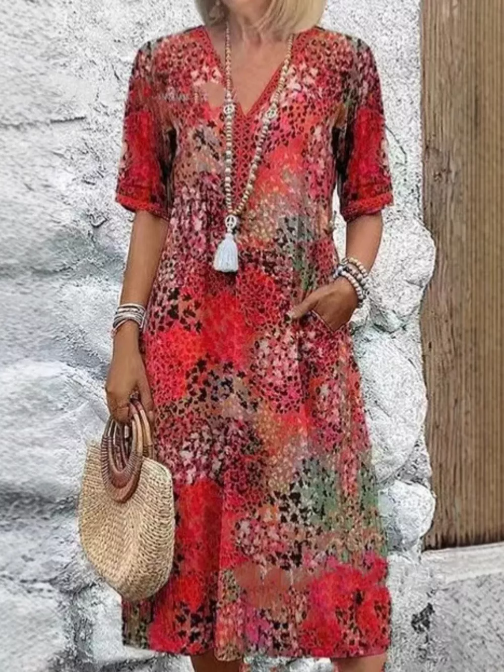 Full Size Printed V-Neck Half Sleeve Dress Plus Size, image 7