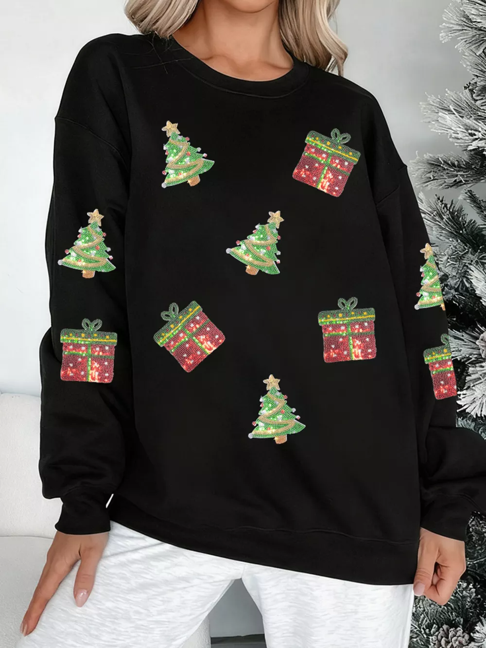 Sequin Christmas Trees Gifts Patched Drop Shoulder Sweatshirt, image 5