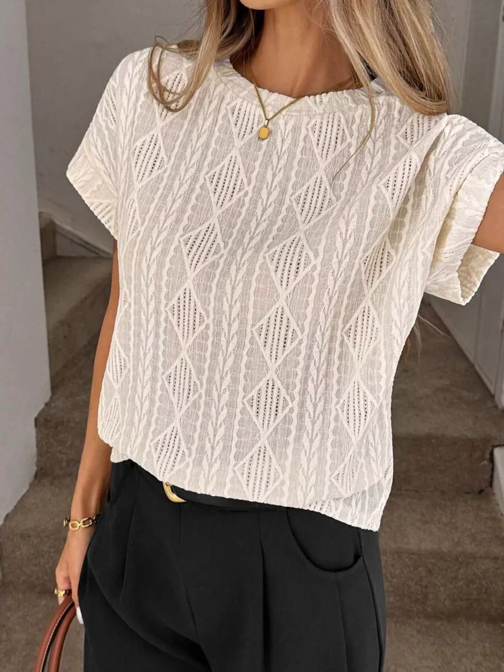 Diamond Pattern Round Neck Top, image 4