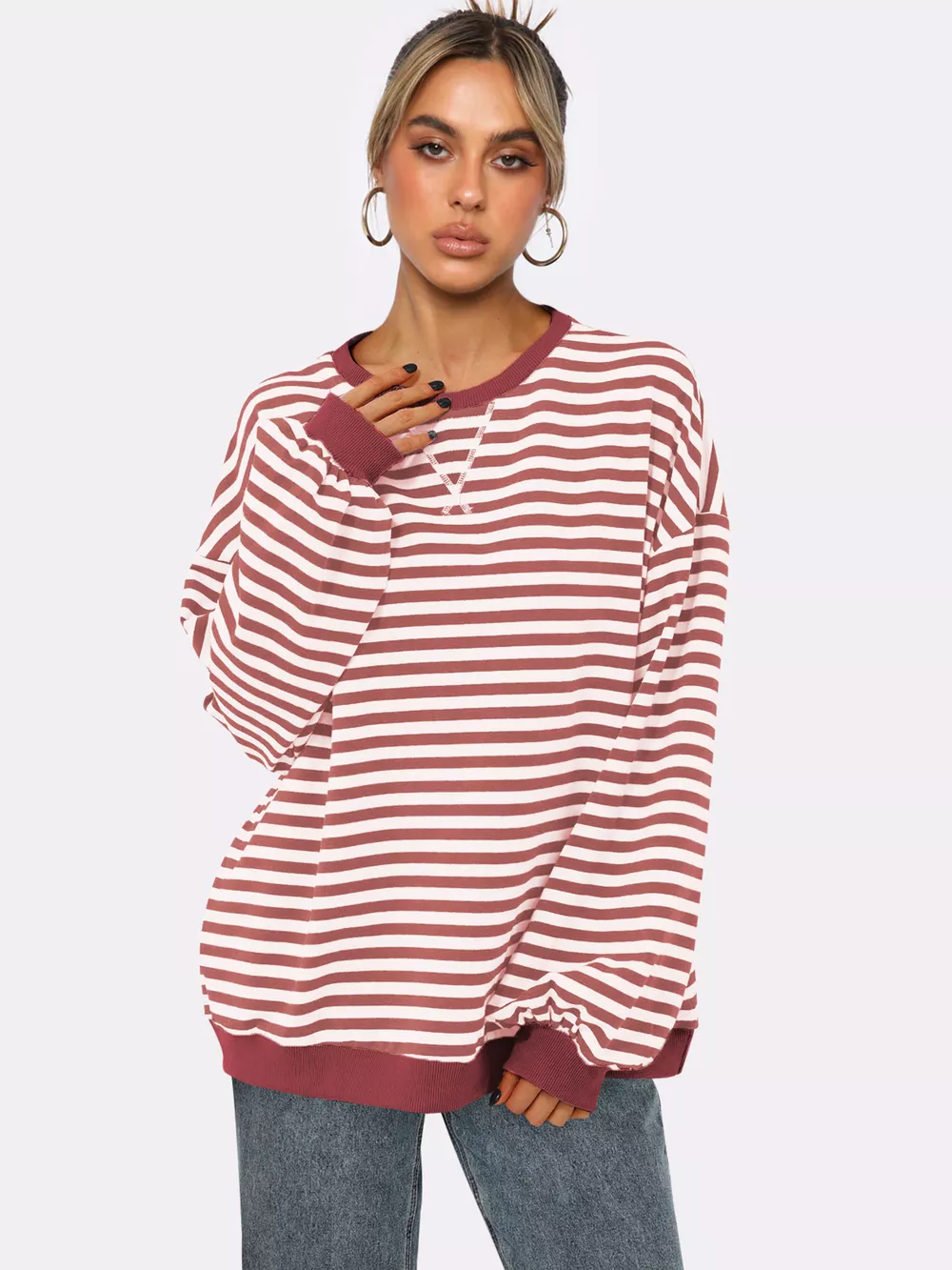 Striped Round Neck Long Sleeve Sweatshirt, image 4