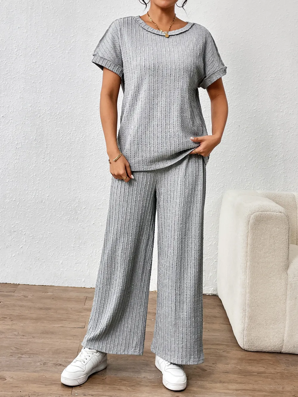 Round Neck Short Sleeve Top and Pants Set