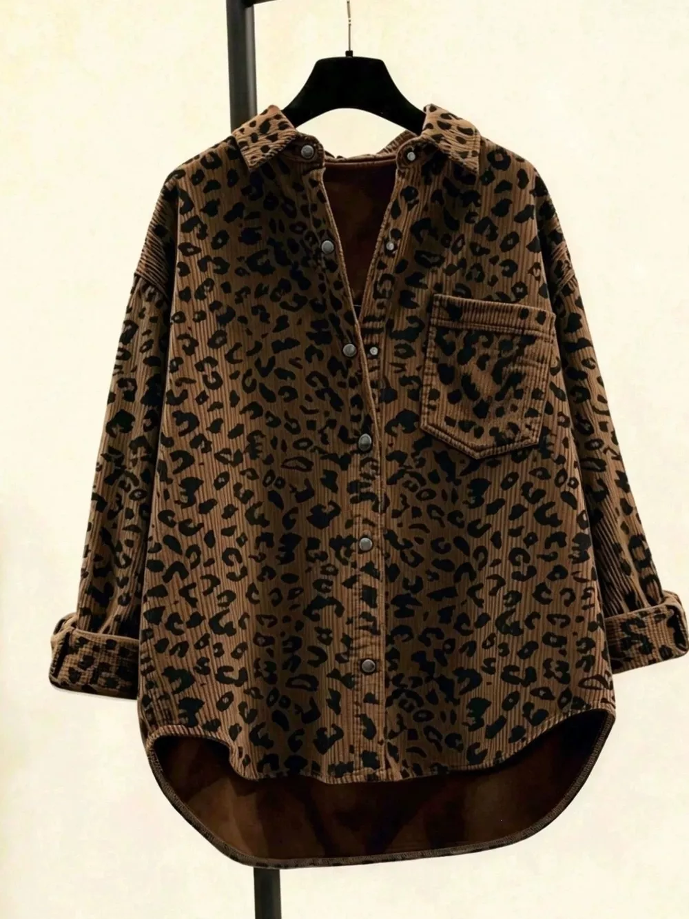 Oversized Leopard Corduroy Button-Down Shirt, image 3