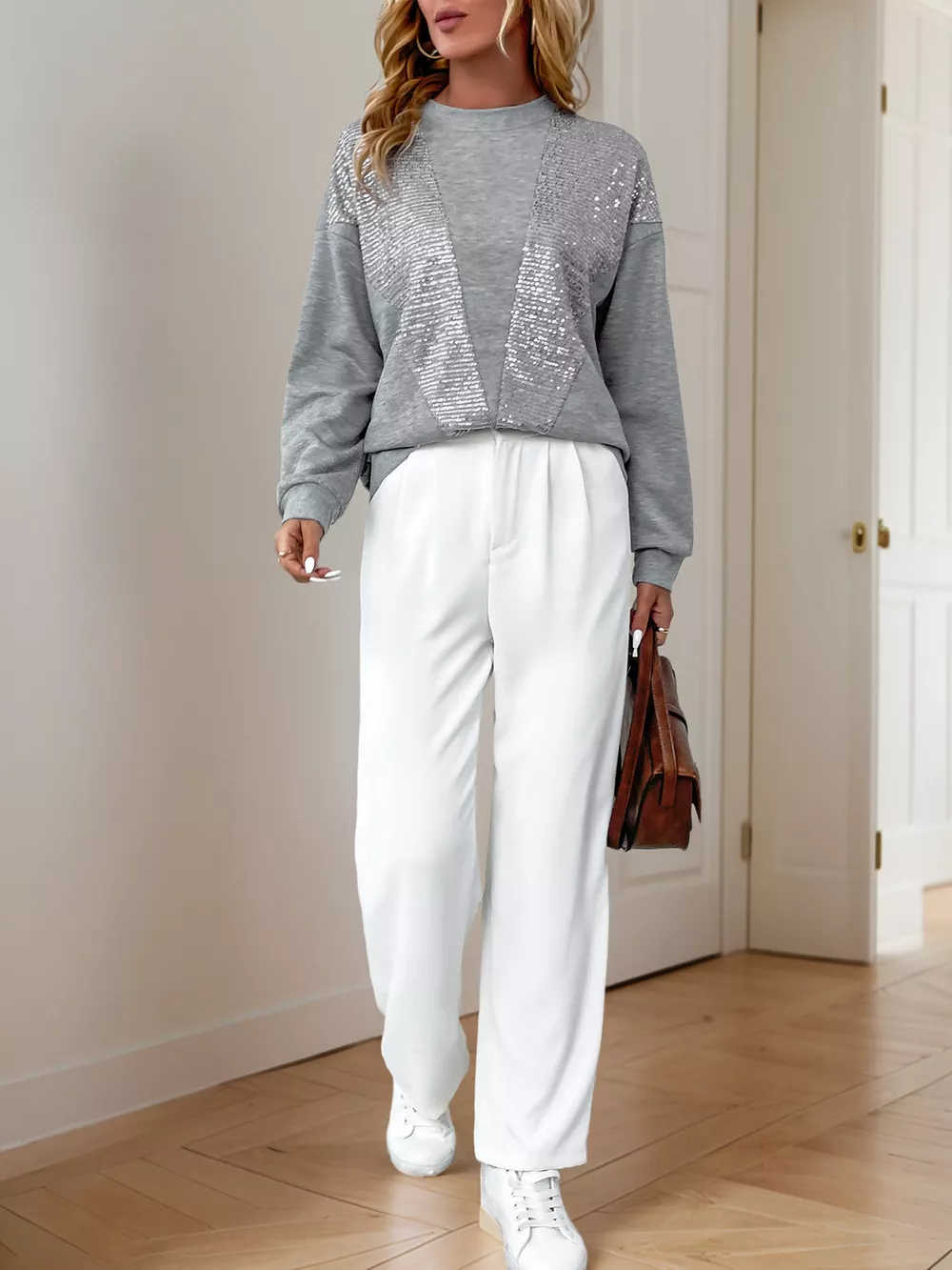 Sequin Round Neck Dropped Shoulder Sweatshirt, image 9