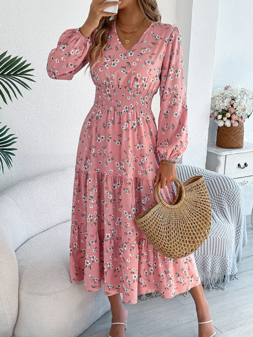 Floral Print Long Sleeve V-Neck Midi Dress, image 16