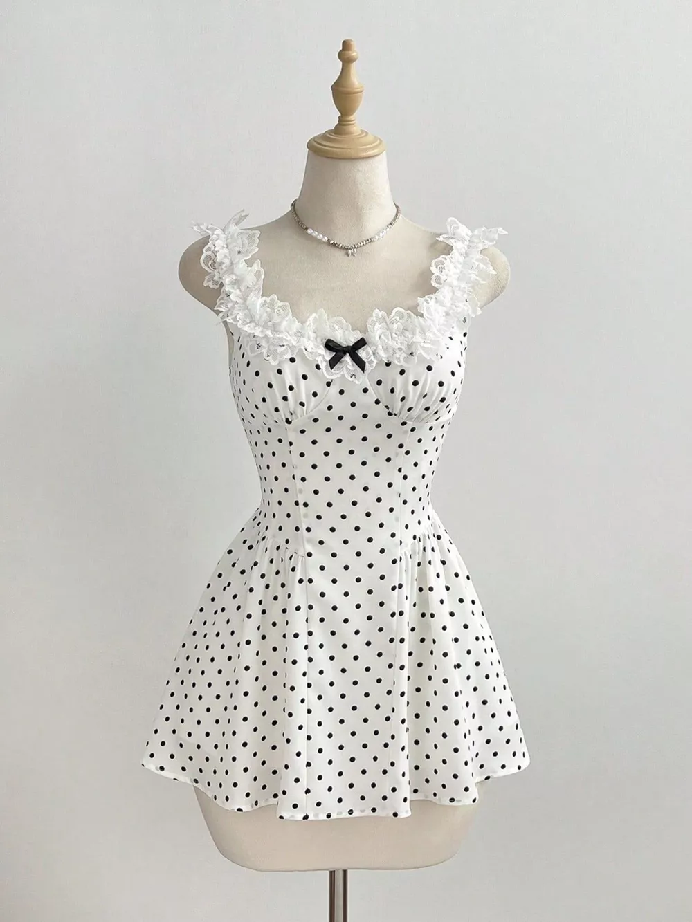 Polka Dot Lace Trim Mini Dress, image 3