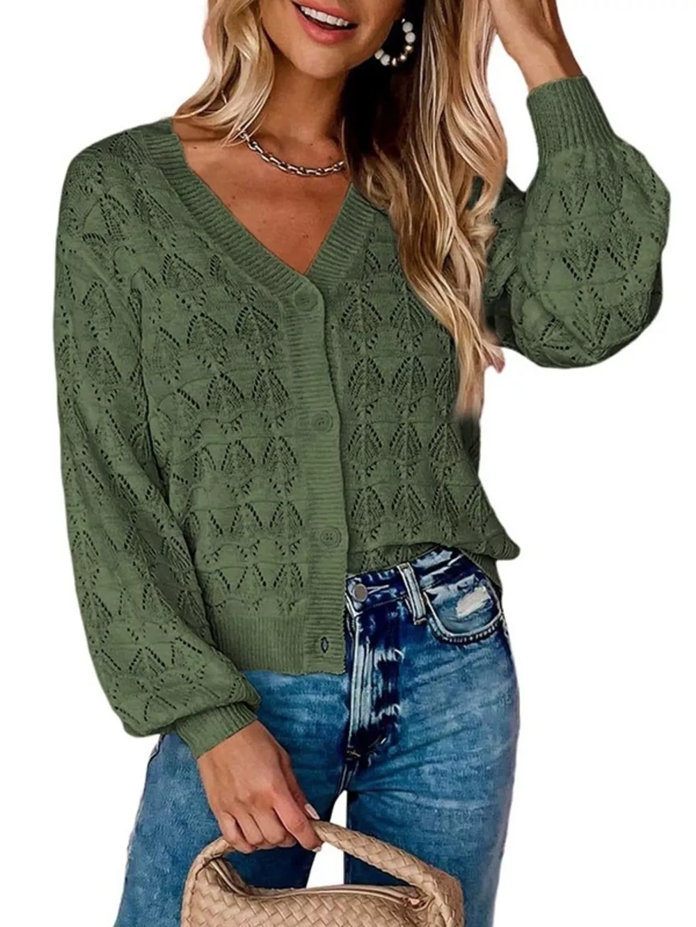 Chic V-Neck Openwork Button-Down Knit Cardigan, image 7