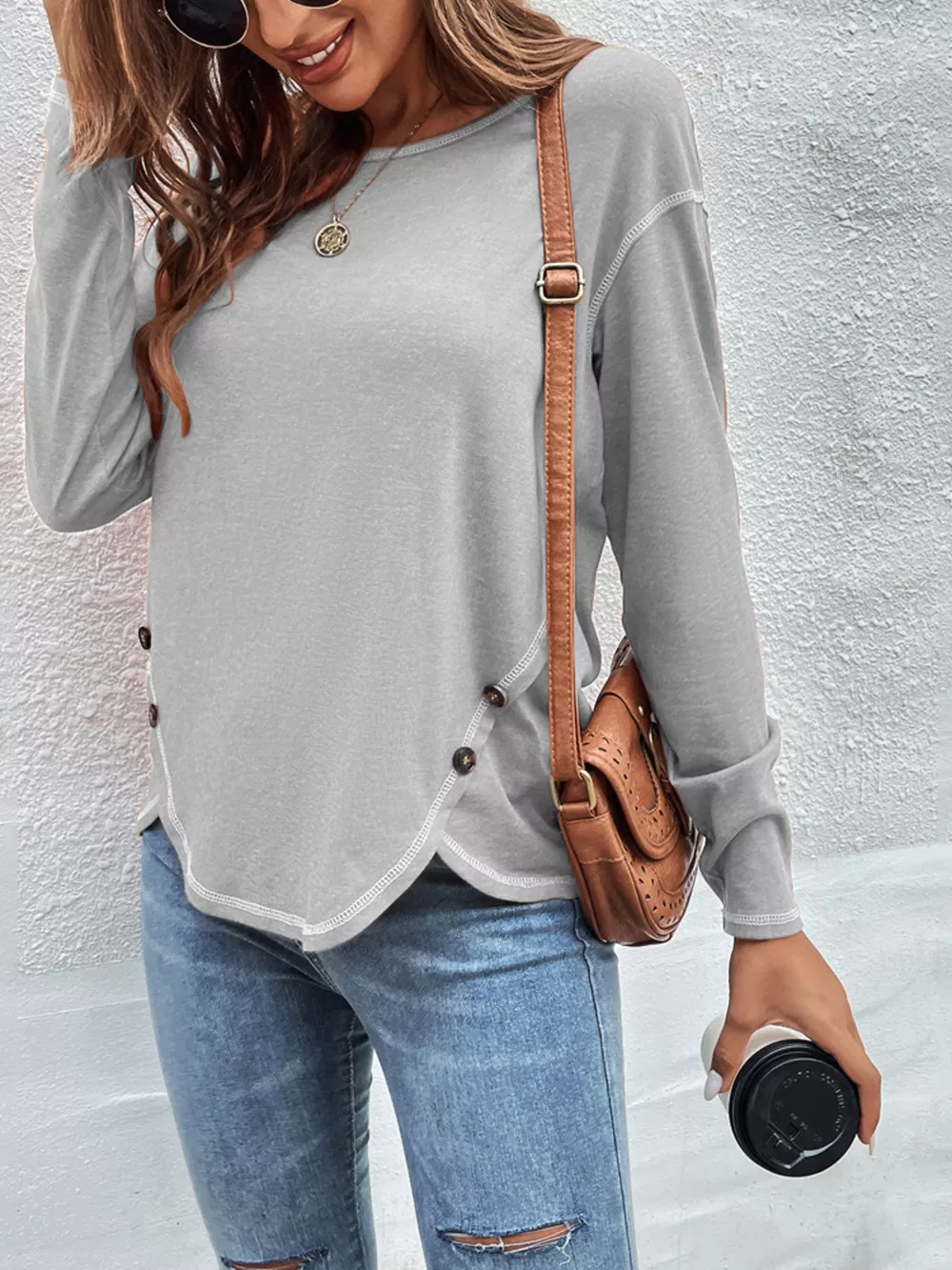 Casual Long Sleeve Exposed Seam T-Shirt with Decor Button, image 16