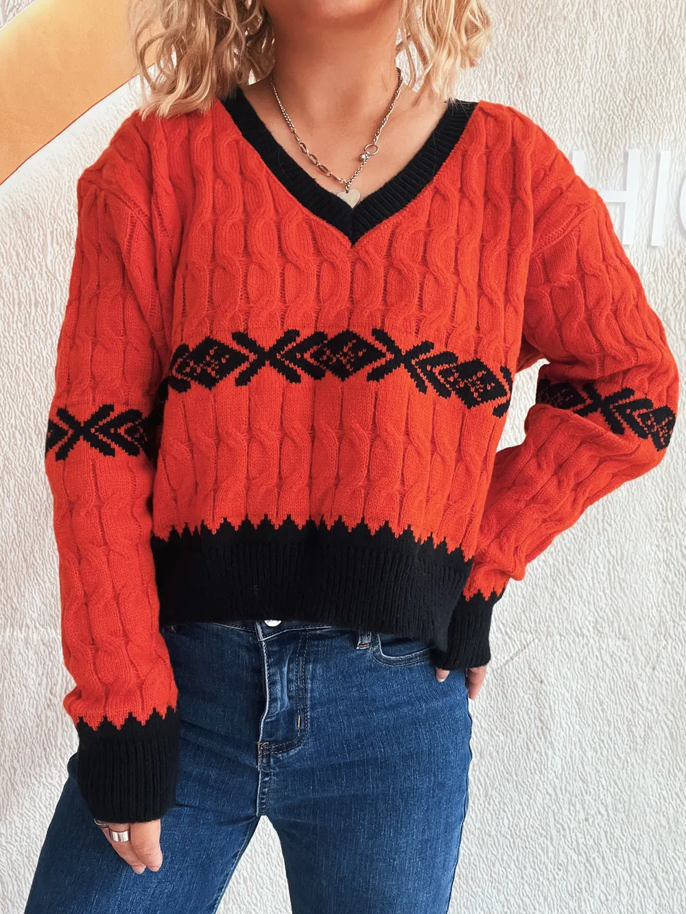 Cable Knit V-Neck Sweater, image 2