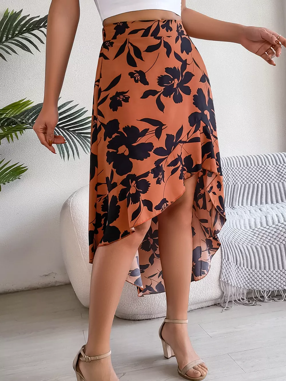 Floral Print Ruffle Hem Asymmetrical Skirt, image 9