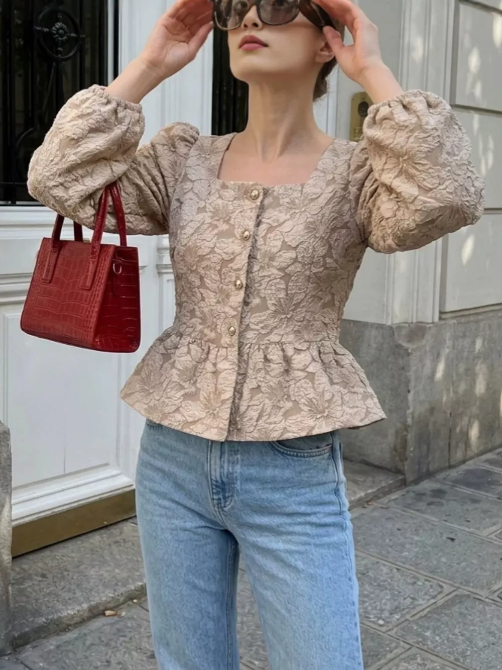 Square Neck Textured Peplum Blouse, image 13