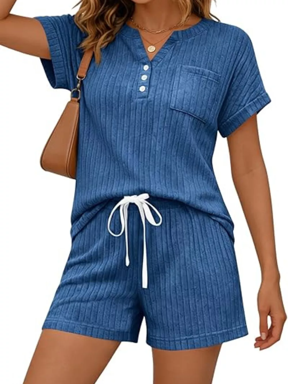 Casual Ribbed Knit Tee and Shorts Set, image 15