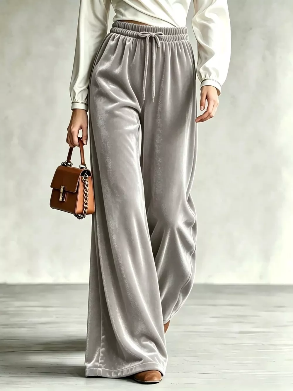 Velvet Wide-Leg Pants with Drawstring, image 6