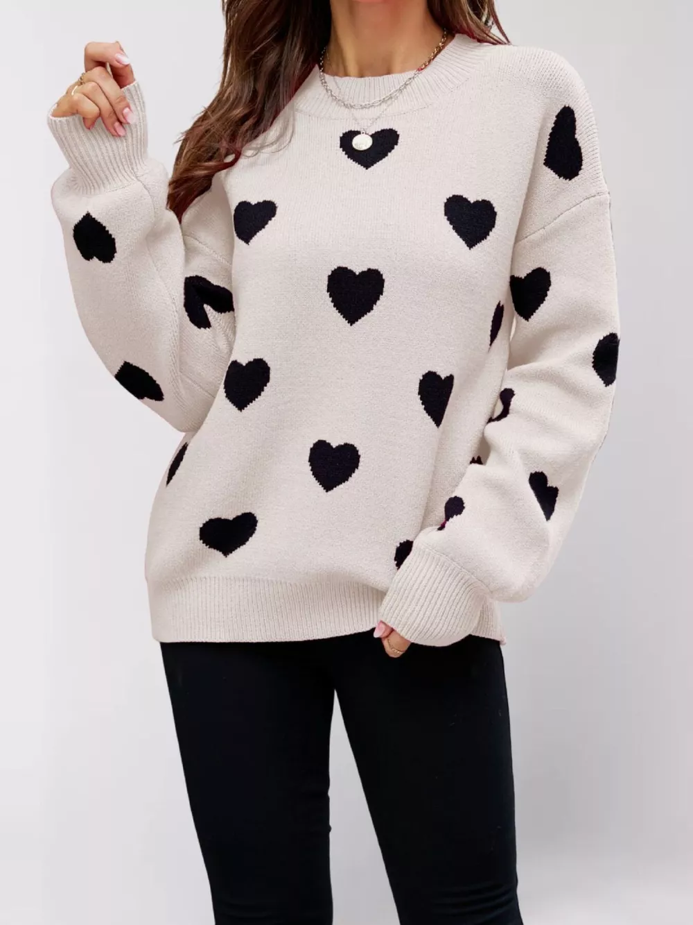Heart-Patterned Dropped Shoulder Sweater, image 6
