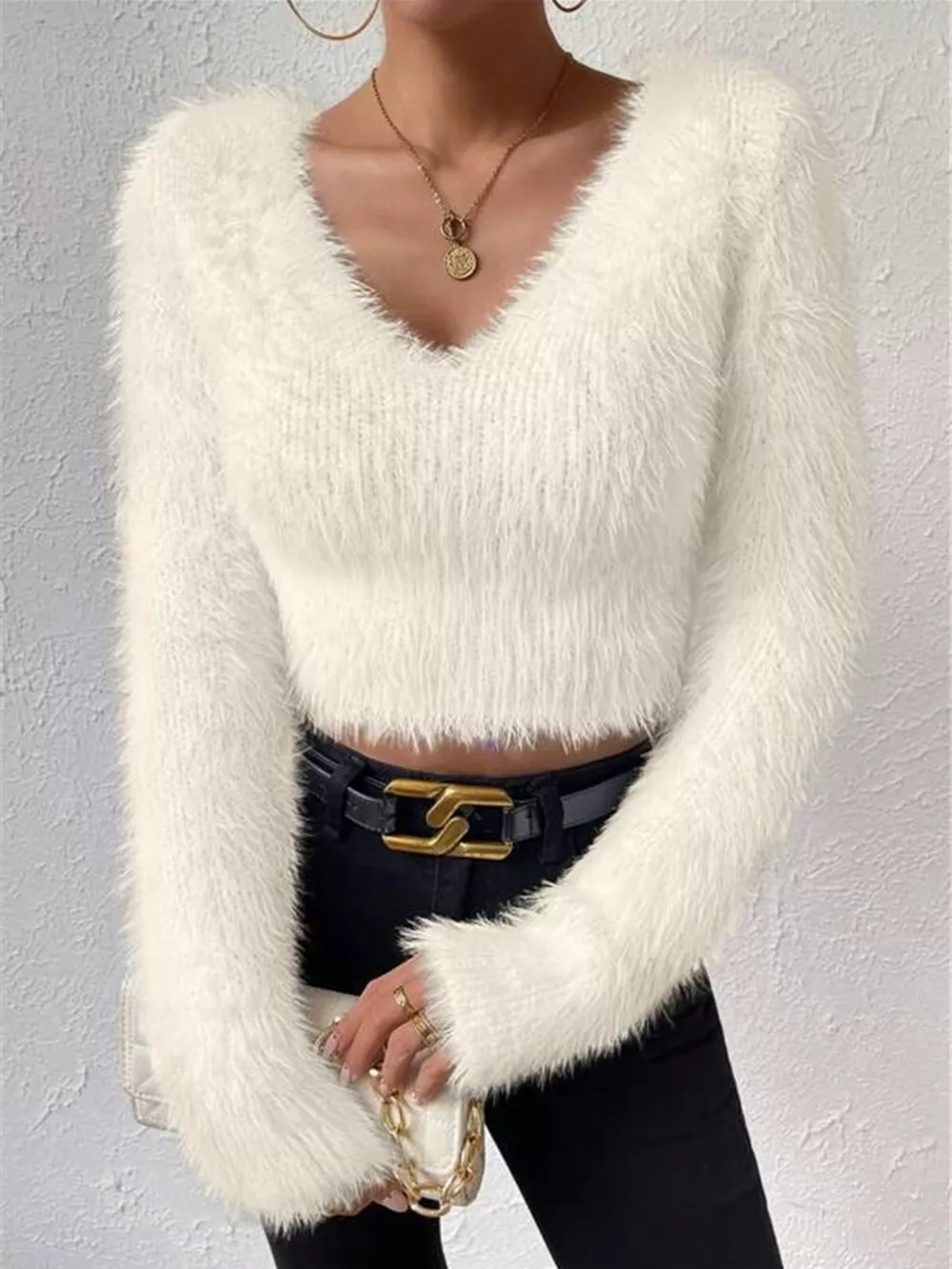 Fluffy Knit V-Neck Sweater, image 4