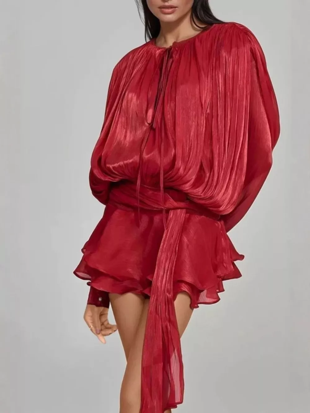 Tie Front Balloon Sleeve Top and Skirt Set, image 2