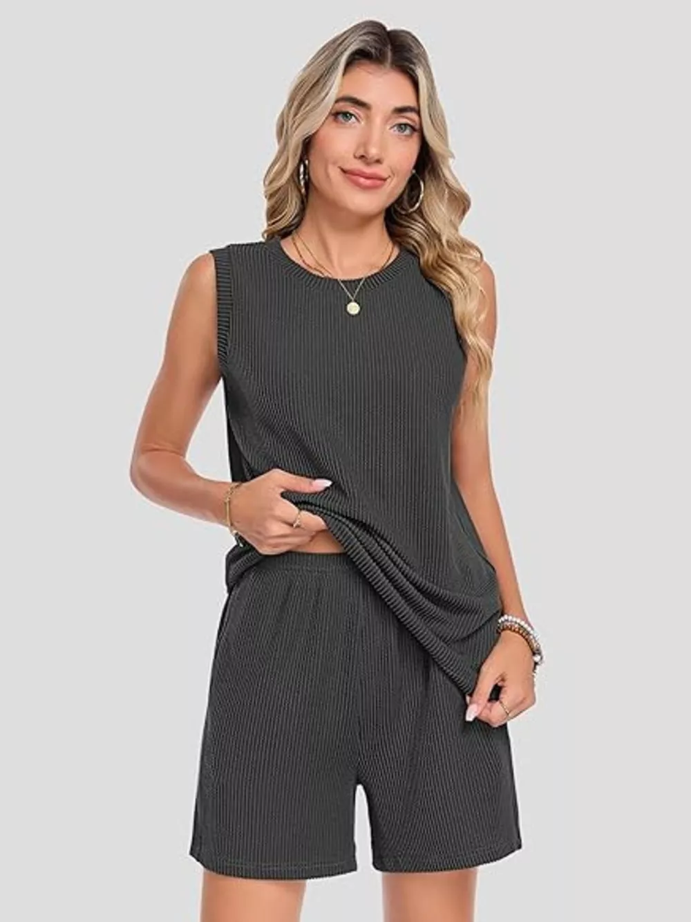 Casual Ribbed Knit Sleeveless Top and Shorts Set, image 13