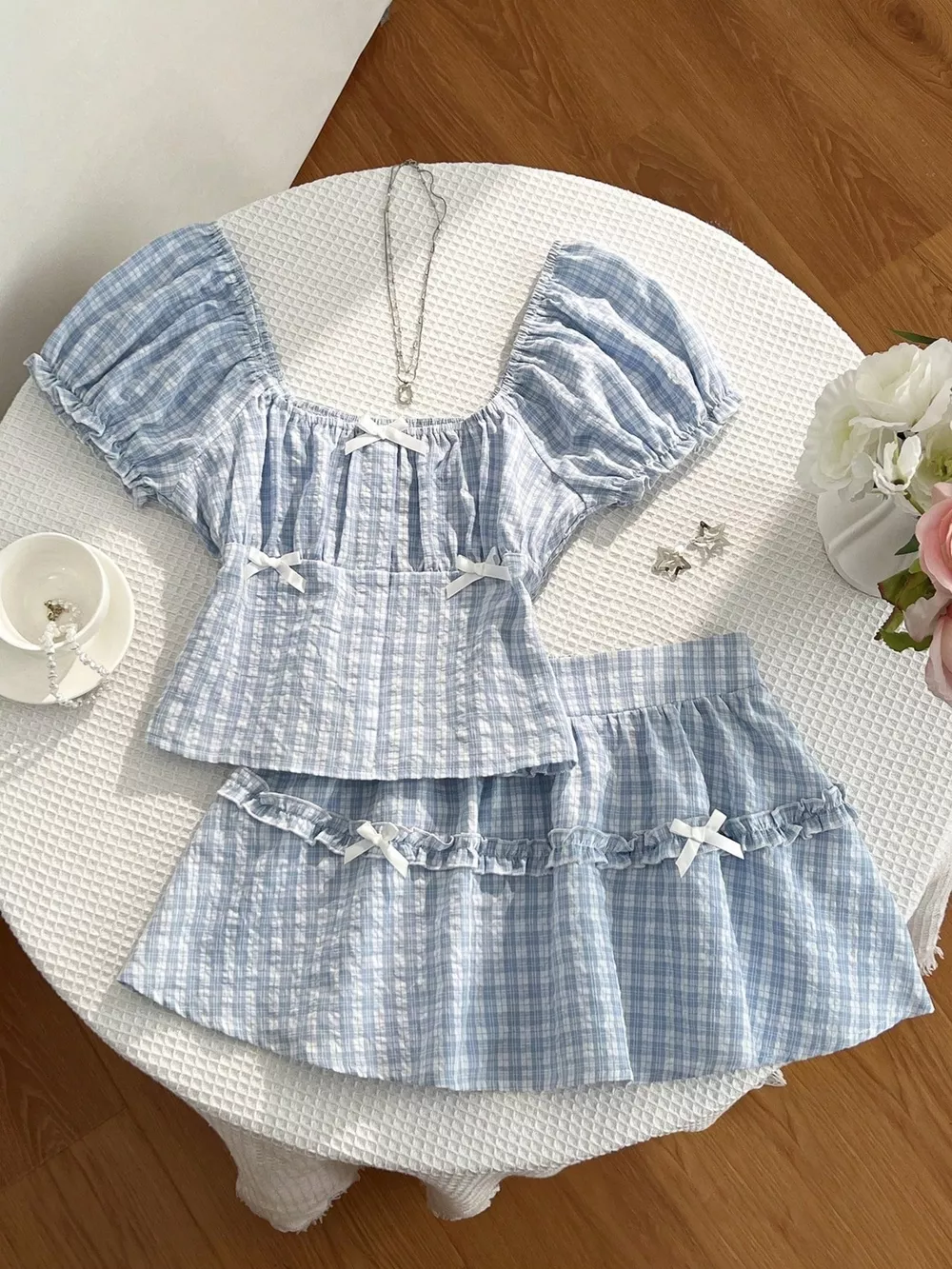 Plaid Puff Sleeve Blouse and Skirt Set, image 5