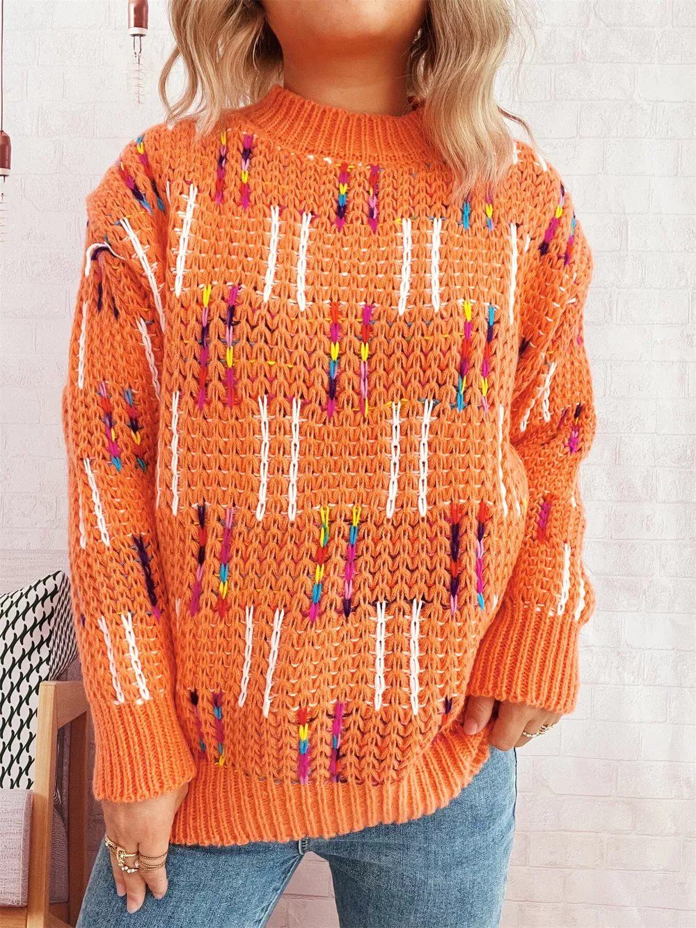 Colorful Round Neck Long Sleeve Sweater, image 17