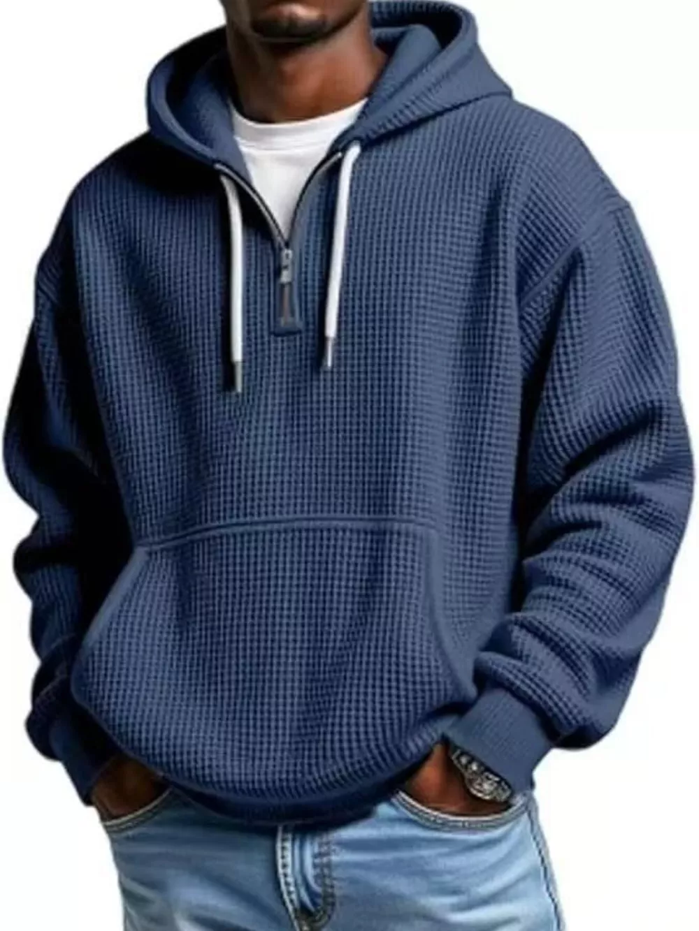 Men's Full Size Textured Waffle Knit Half-Zip Hoodie Plus Size, image 15