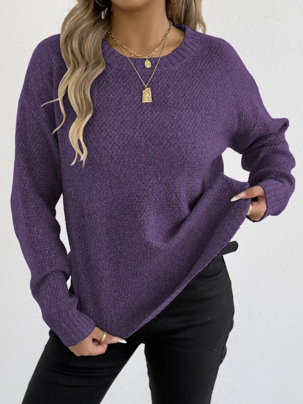 Textured Knit Relaxed Fit Round Neck Sweater, image 26
