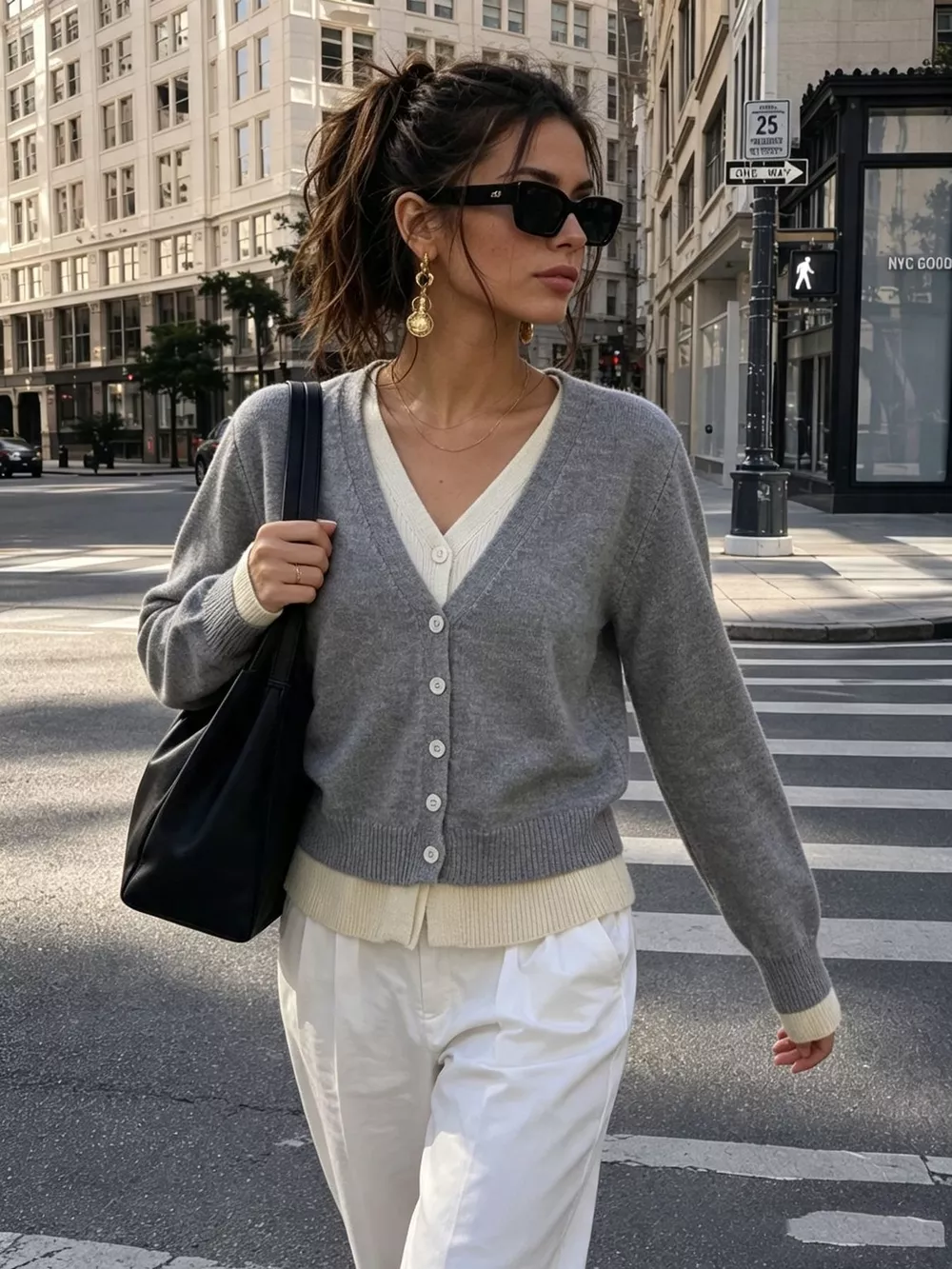 V-Neck Button-Down Contrast Layered Cardigan, image 4