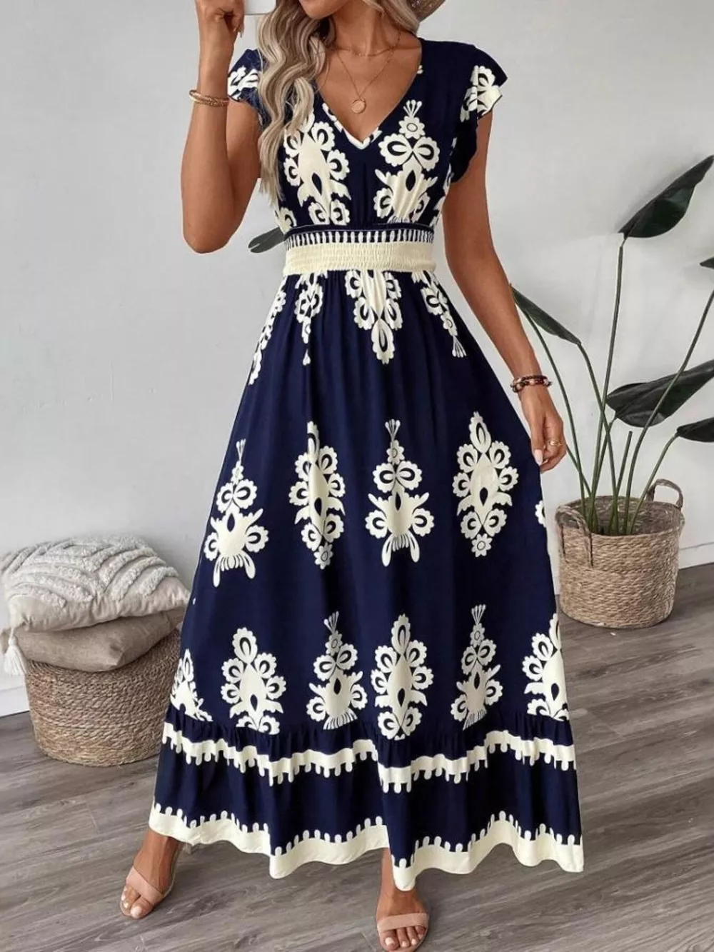 Printed V-Neck Ruffled Cap Sleeve Dress, image 15