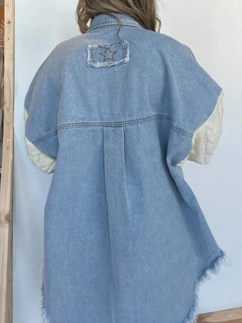 Full Size Raw Hem Button Up Patchwork Denim Jacket Plus Size, image 3