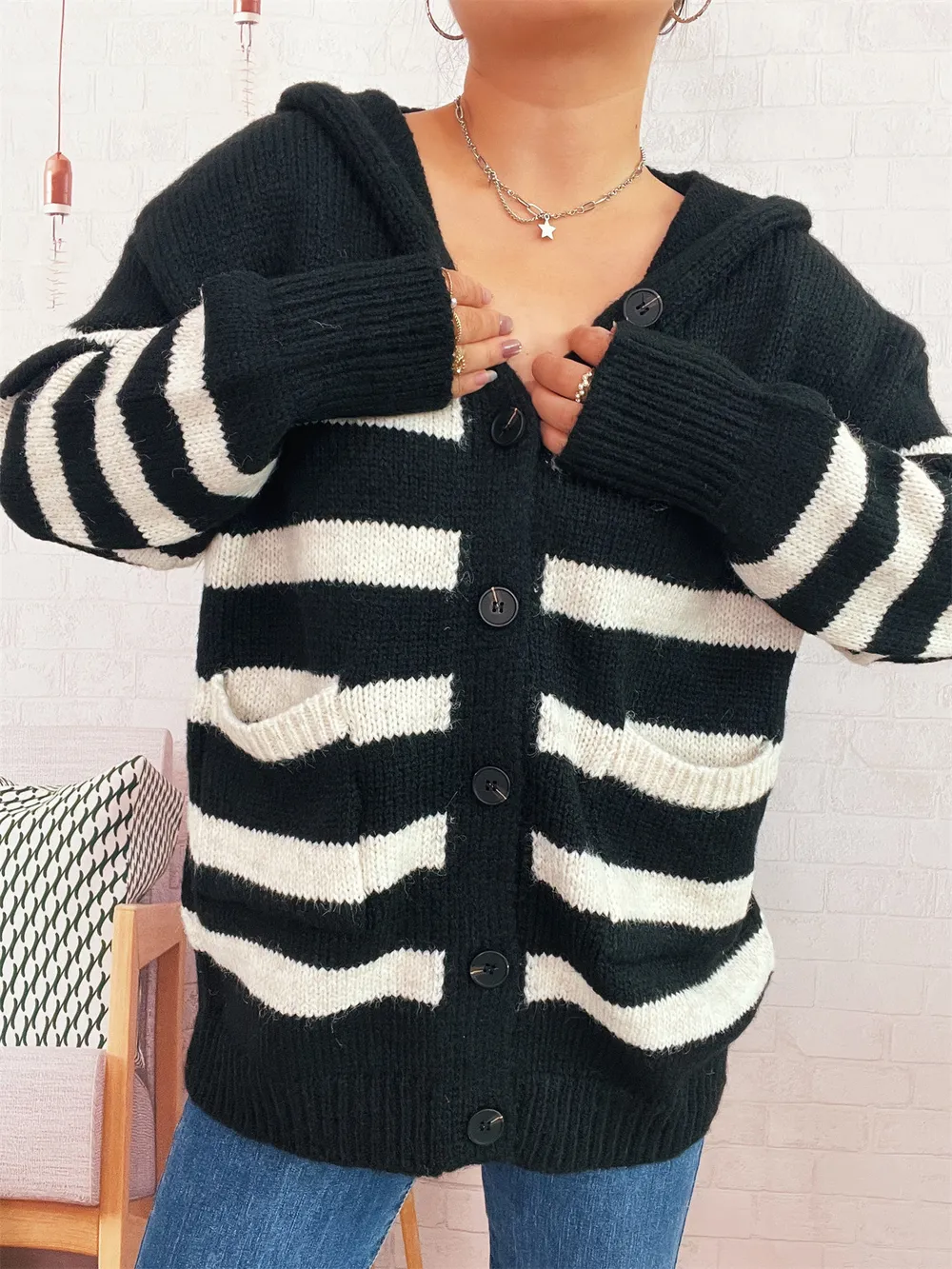 Striped Button-Up Hooded Cardigan