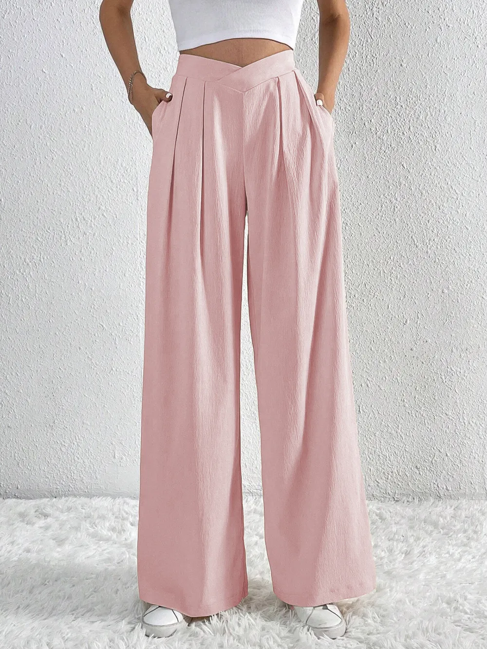 V-Waisted Ruched Front Wide Leg Pants, image 3