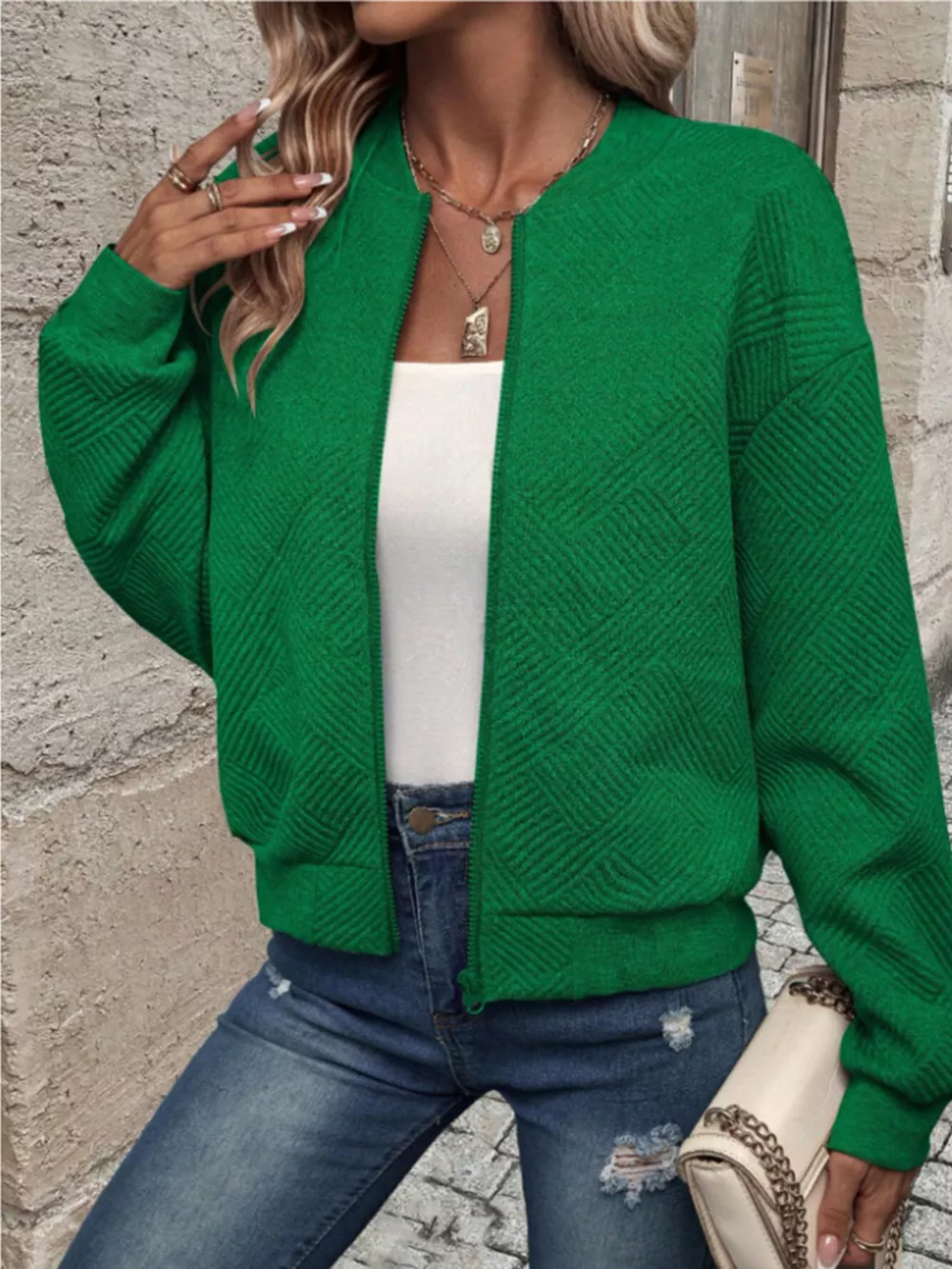 Textured Knit Zip-Up Bomber Jacket, image 9