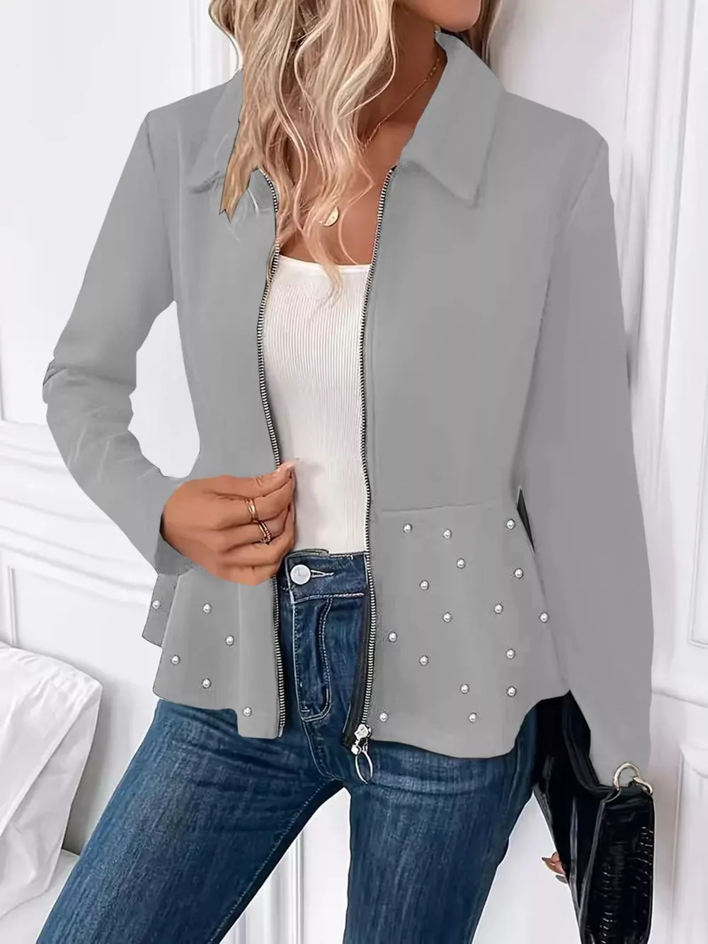 Pearl Embellished Zip-Up Peplum Outerwear, image 8