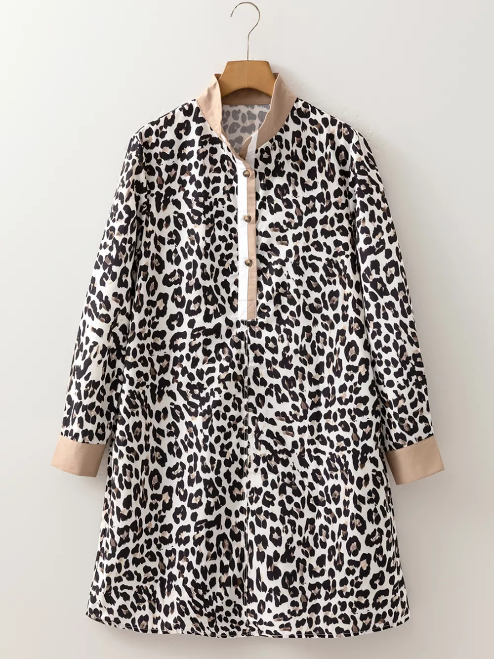 Striped Collar Leopard Print Long Sleeve Flared Dress, image 14