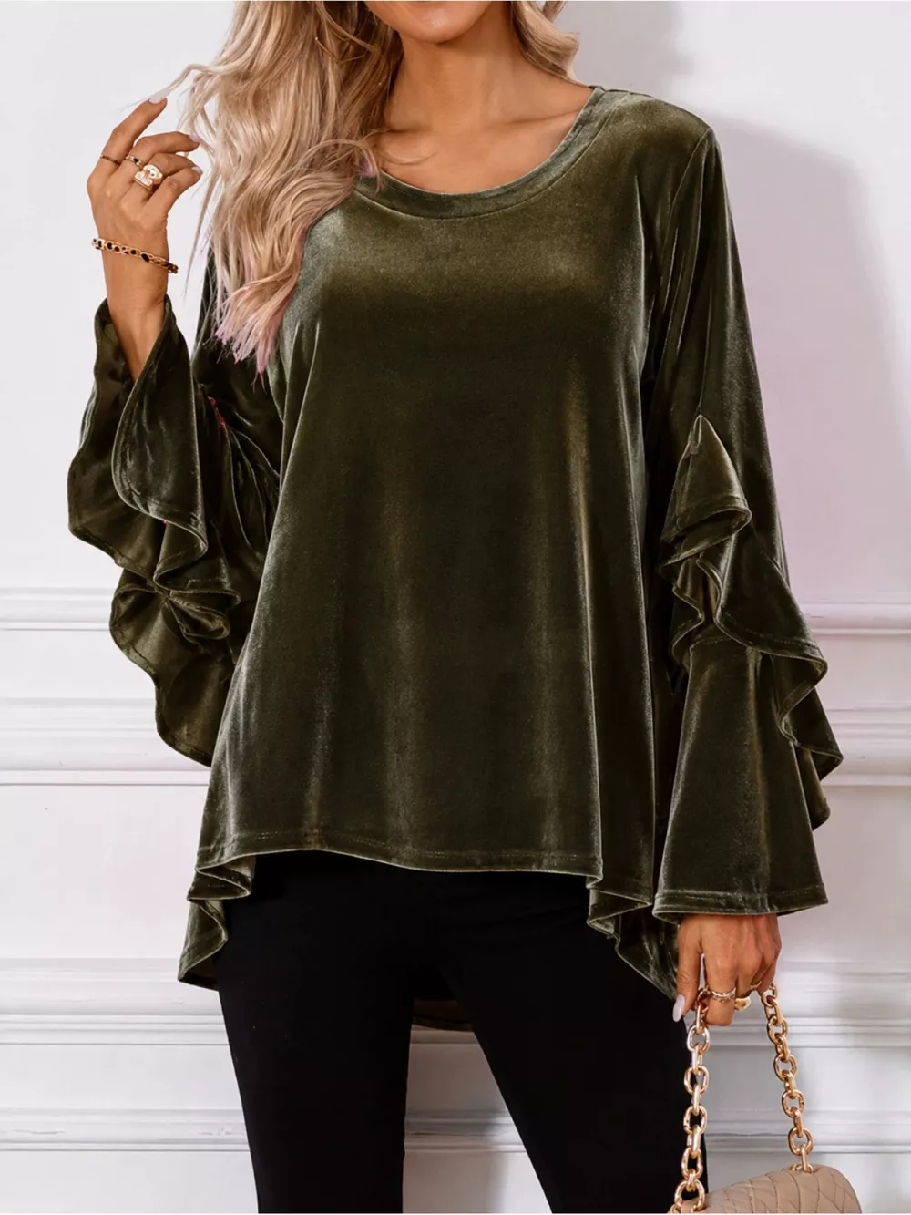 Velvet Round Neck Ruffle Sleeve Top, image 2