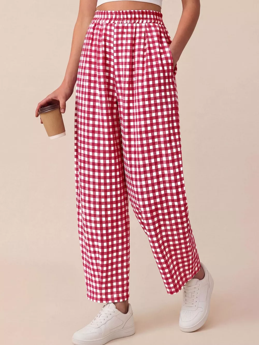 Gingham Wide-Leg Casual Pants, image 16