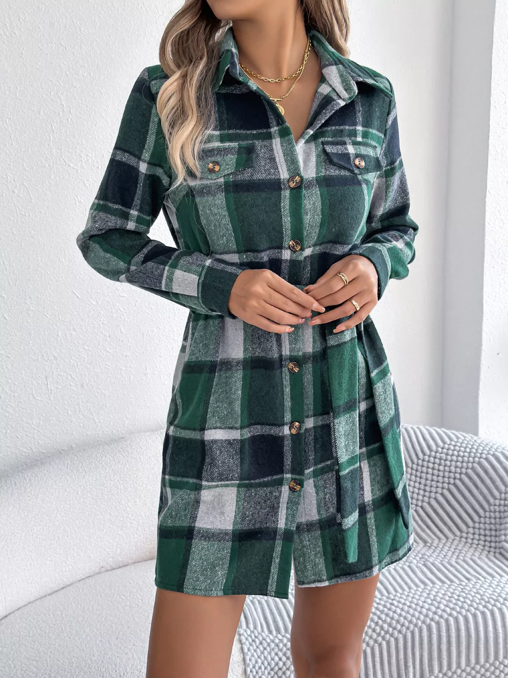 Plaid Button Front Tie Waist Shirt Dress, image 13