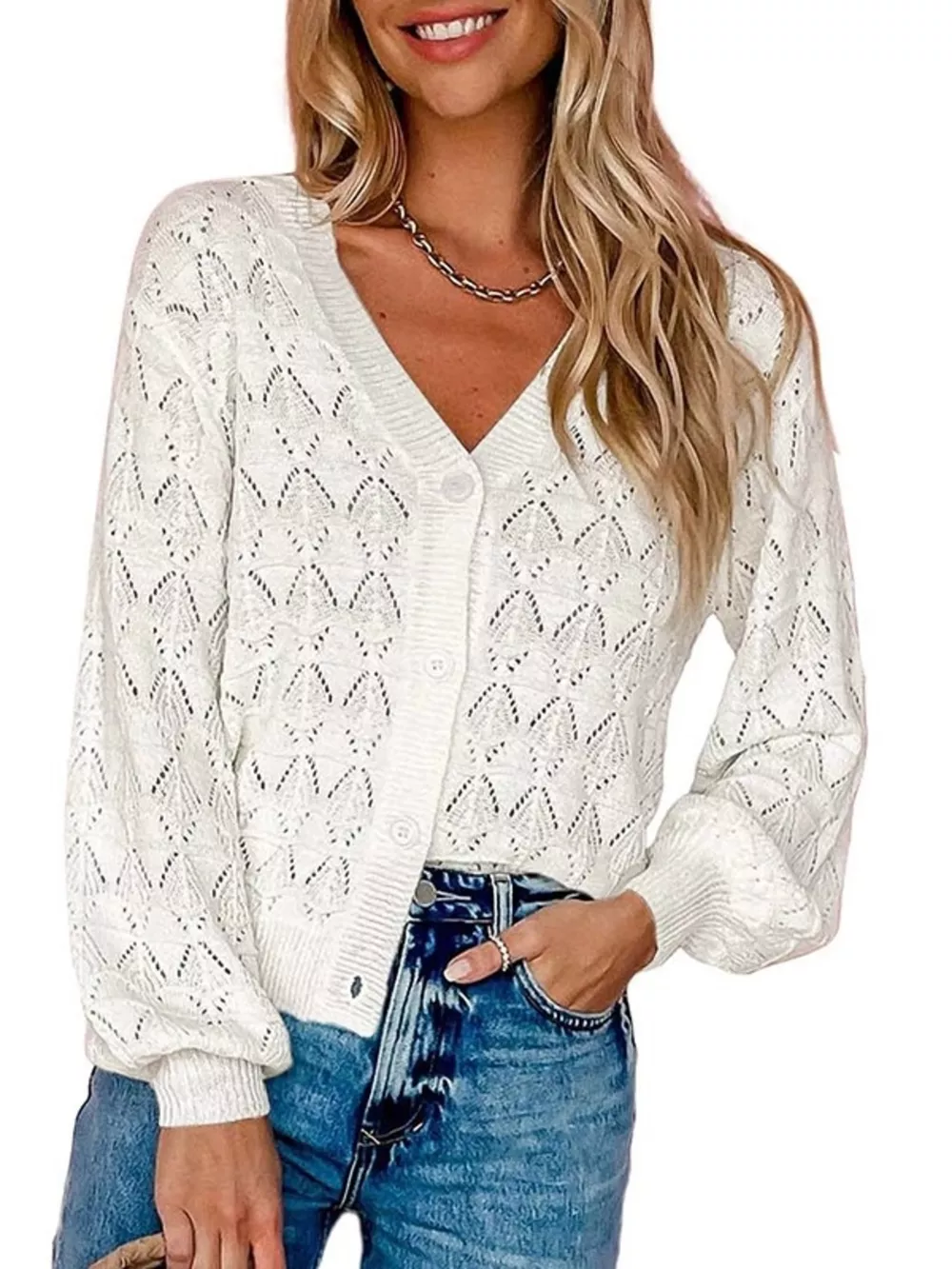 Chic V-Neck Openwork Button-Down Knit Cardigan, image 10
