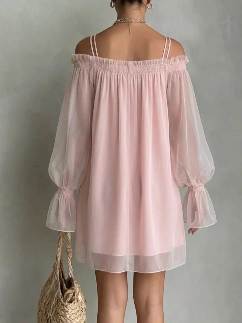 Off-Shoulder Sheer Sleeve Mini Dress, image 2
