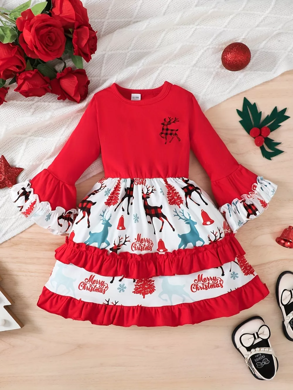Children's Christmas Reindeer Print Ruffle Hem Long Sleeve Dress, image 2