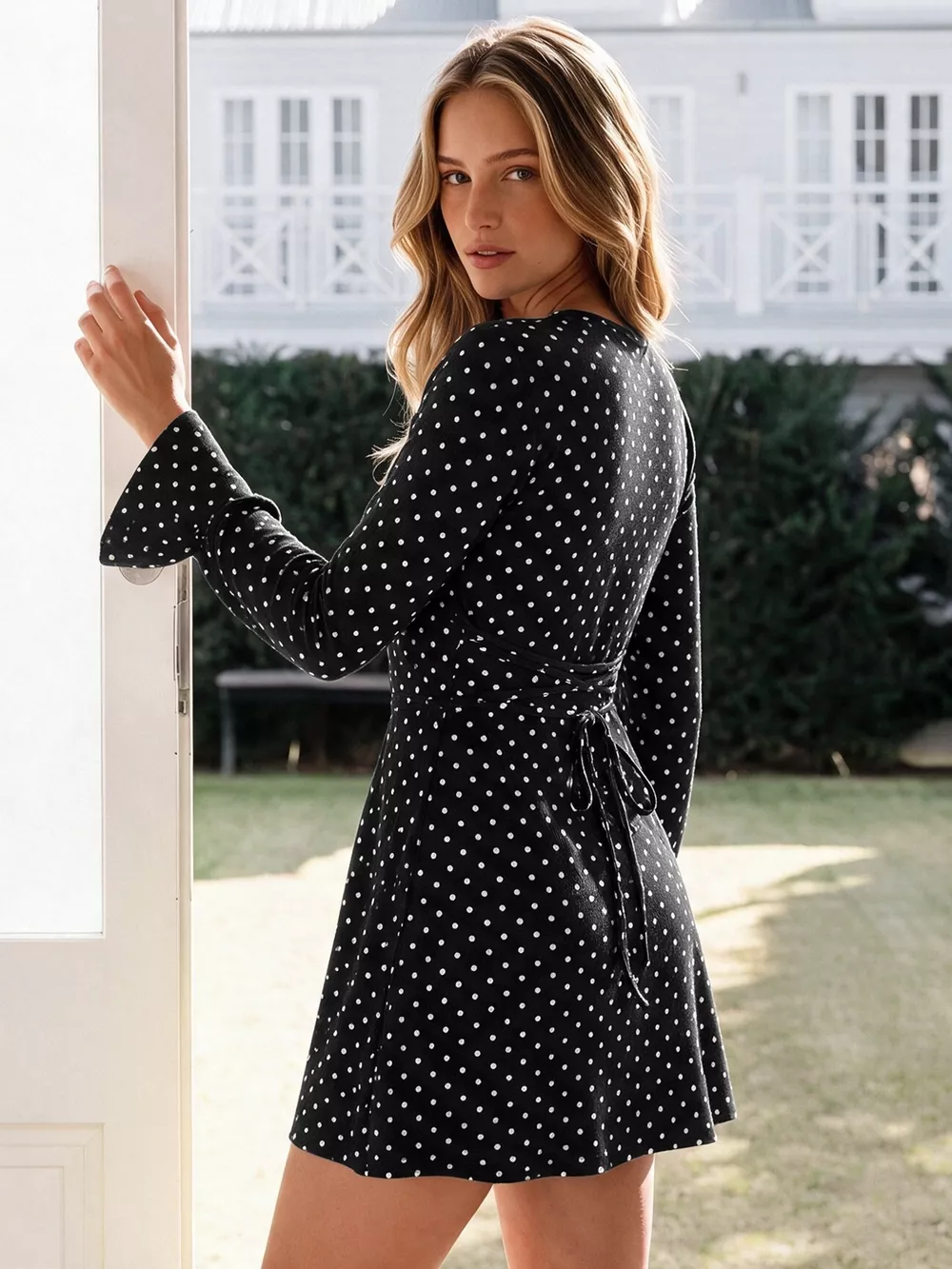 Polka Dot Long Sleeve Ruffle Hem Mini Dress, image 6